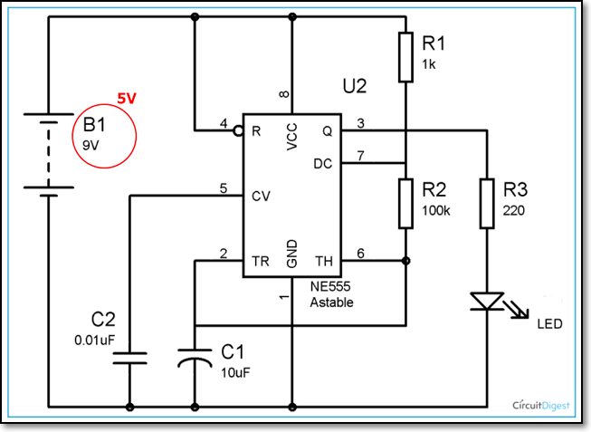 555 timer astable multivibrator circuit diagram