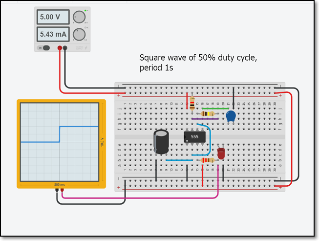 555 Astable Circuit on breadboard