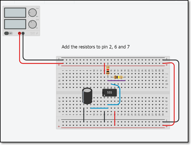 Step 3 Connect pin 2 tp the resistors and pins 6, 7