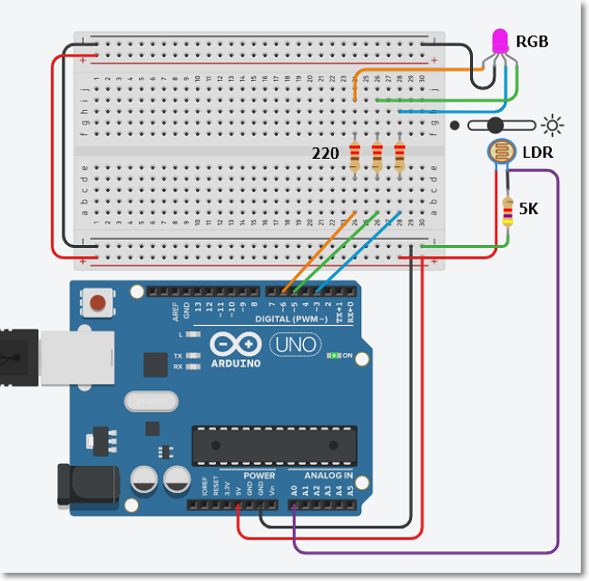 Interfacing a LDR and RGB LED